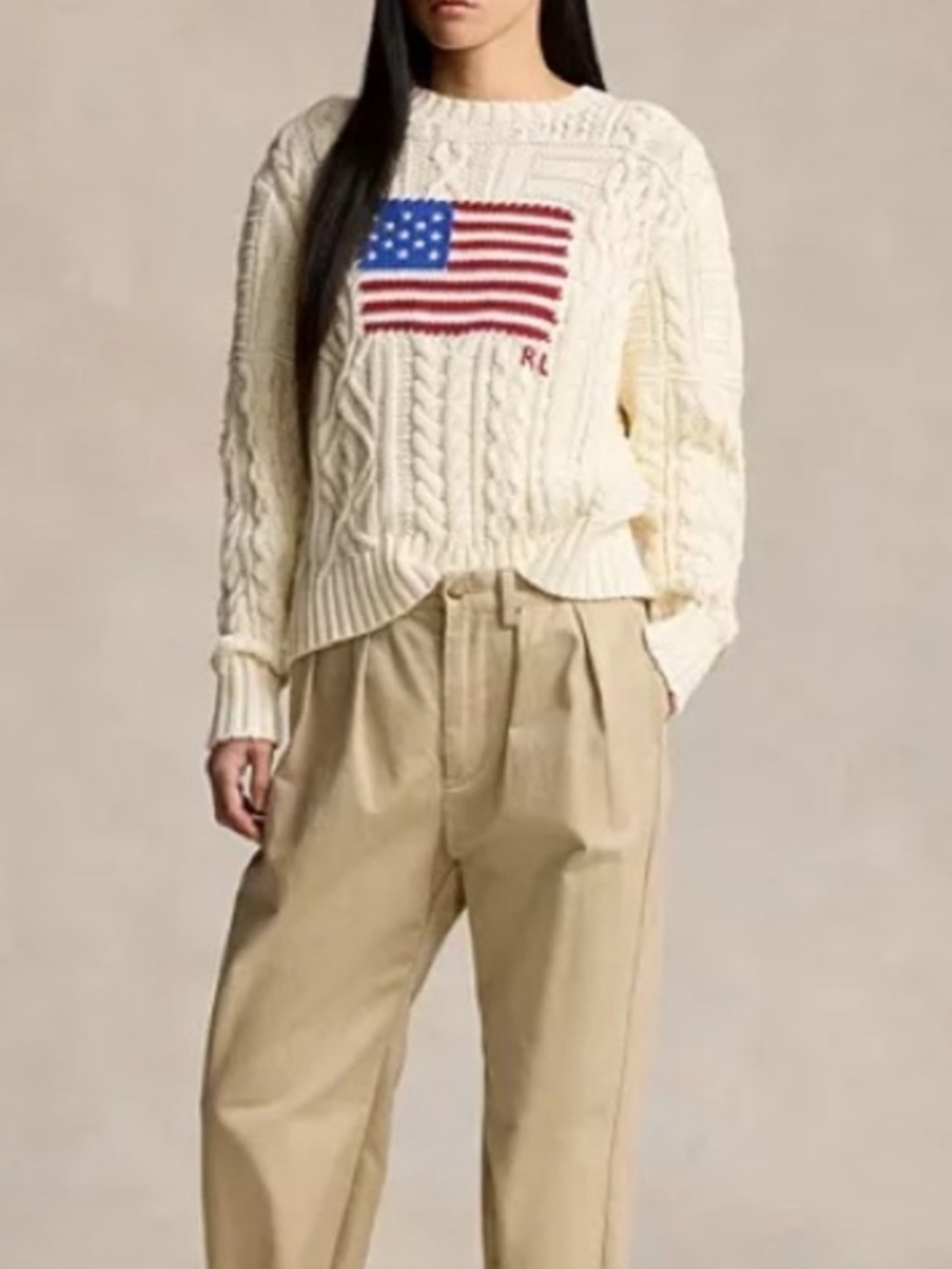 Ralph Lauren Ivory Cable Aran  Knit Sweater with American Flag - Picture 2 of 3